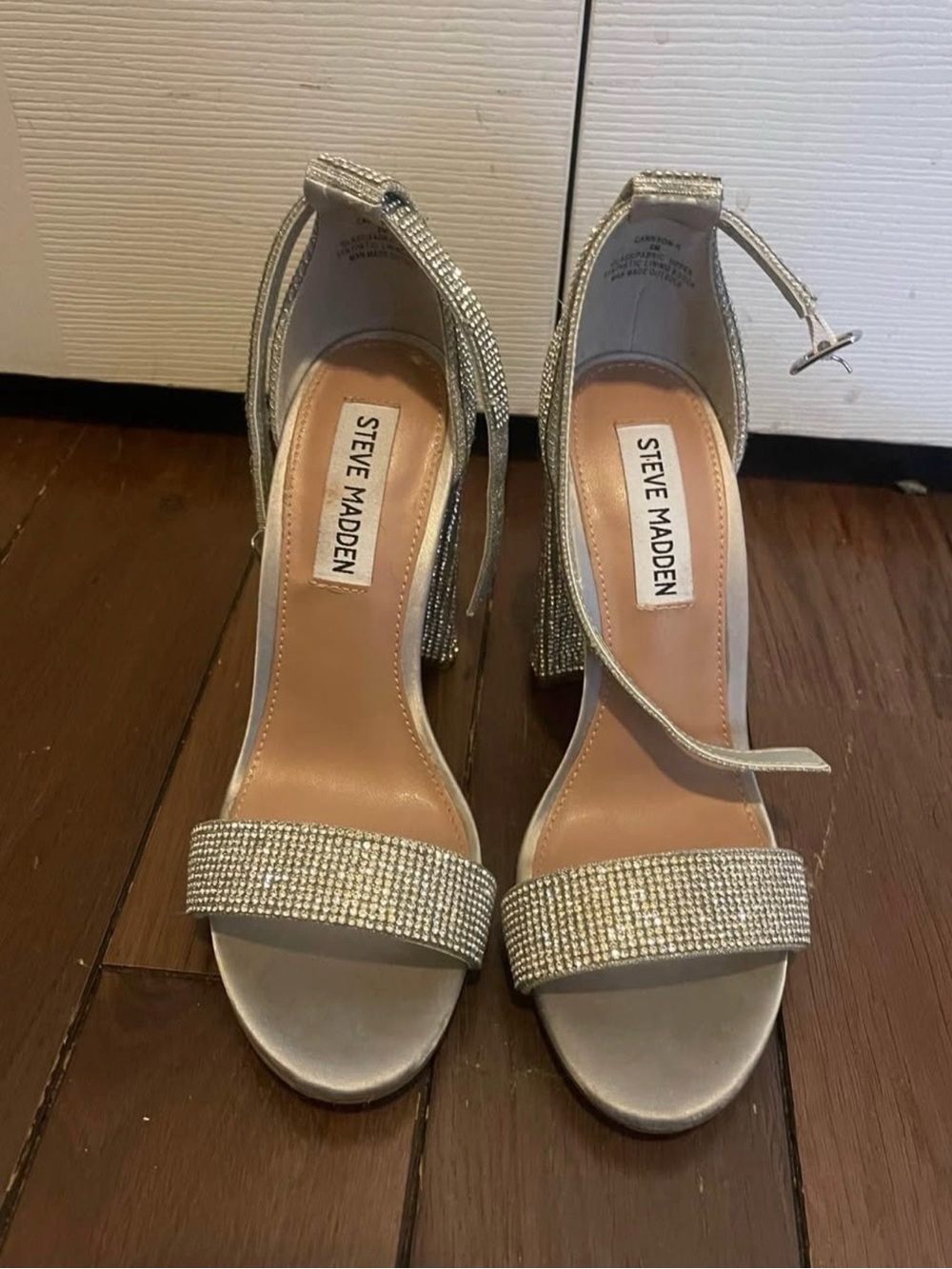 Steve Madden Silver Rhinestone Block Heel Sandals with Ankle Strap